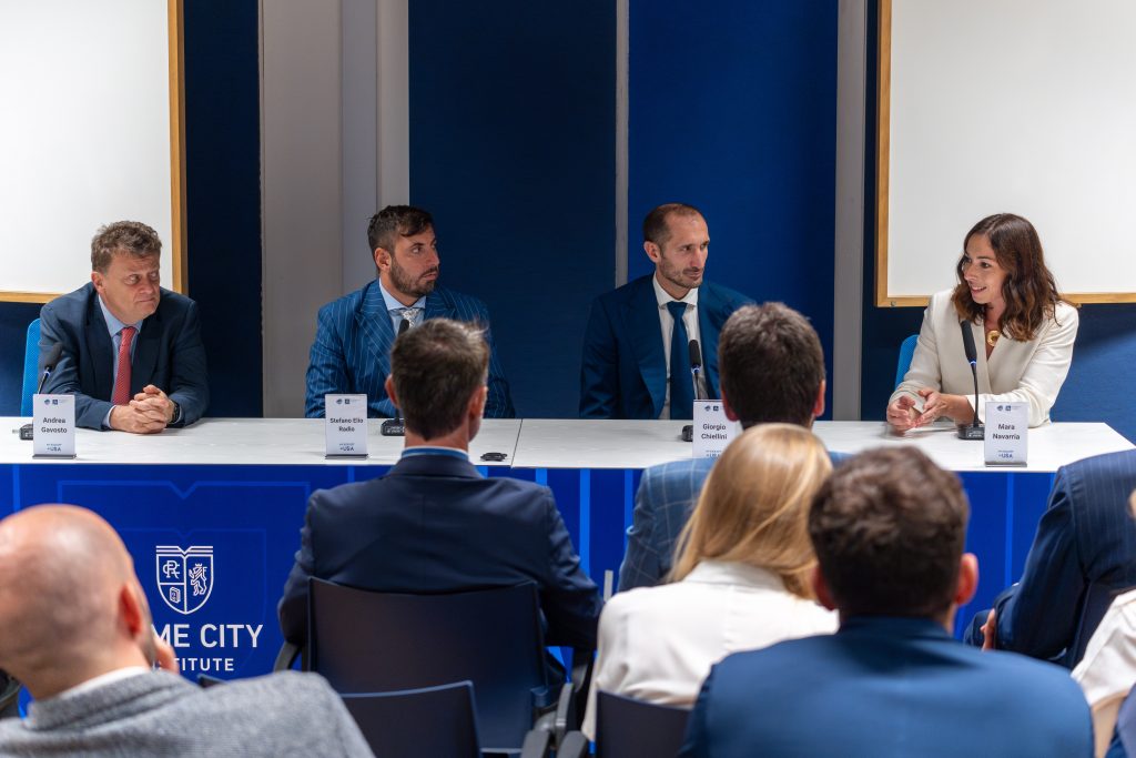 Foto della conferenza stampa di My Kickoff in USA, con Andrea Gavosto, Stefano Radio, Giorgio Chiellini e Mara Navarria